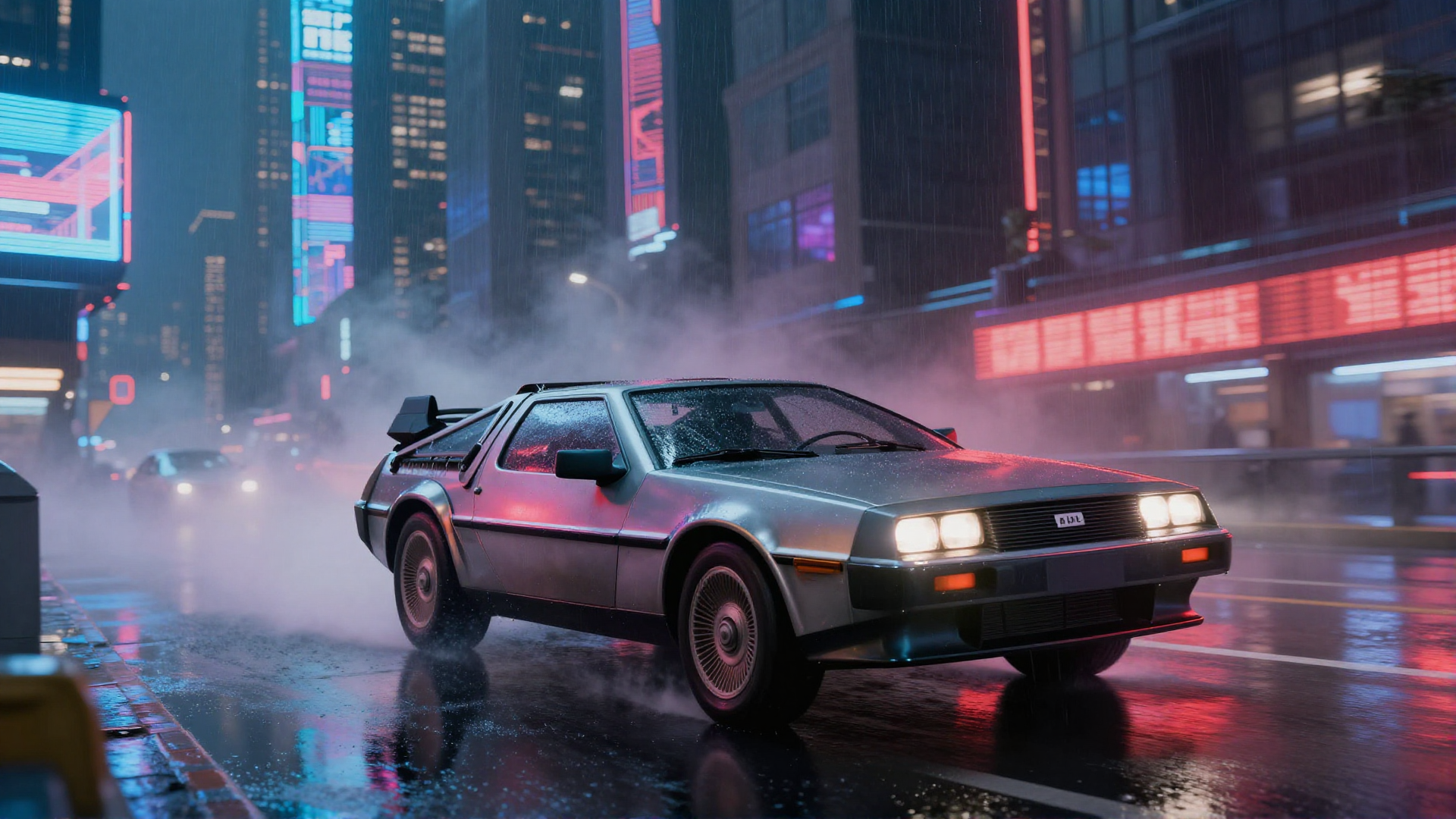 DeLorean in a cyberpunk city — generated via API